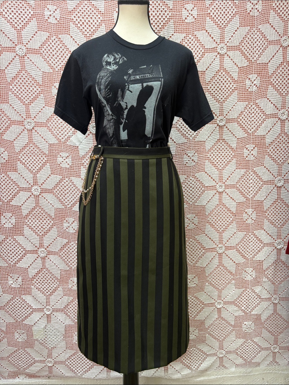 Vintage Olive & Black Striped Midi Skirt